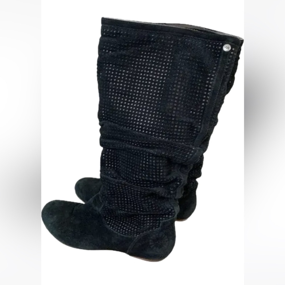 UGG 'Abilene' Black Leather Perforated Slouchy Boots, 8.5